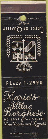Matchbook Cover - Mario's Villa Borghese New York City