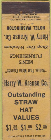 Matchbook Cover - Straw Hats Hotel Washington CREASES