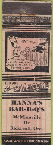 Matchbook Cover - Hanna's BBQ McMinnville Rickreal OR WEAR girlie