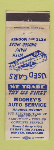 Matchbook Cover - Mooney's Auot Service Denver Colorado WEAR