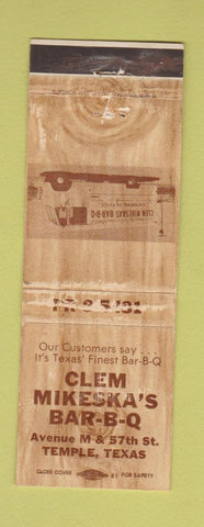Matchbook Cover - Clem Mikeska's BBQ Temple TX WORN