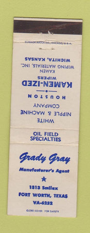 Matchbook Cover - Grady Gray White Nipple Machine Fort Worth TX Oil Field