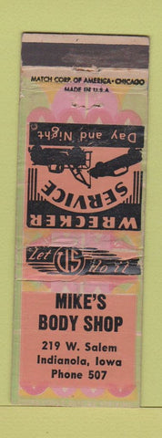 Matchbook Cover - Mike's Body Shop Indianola IA low phone # WORN