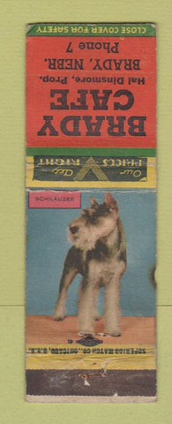 Matchbook Cover - Brady Cafe Brady NE low phone # Schnauzer Dog WORN