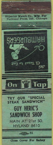Matchbook Cover - Guy Heric's Sandwich Shop NO TOWN
