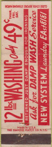 Matchbook Cover - New System Laundry NO TOWN