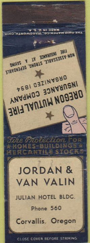 Matchbook Cover - Jordan Van Valin Insurance Corvallis OR