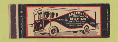 Matchbook Cover - JD Leonard Moving NYC Philadelphia Baltimore Full Length