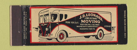 Matchbook Cover - JD Leonard Moving NYC Philadelphia Baltimore Full Length