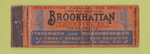 Matchbook Cover - Brookhattan Trucking New York City POOR Full Length