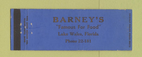 Matchbook Cover - Barney's Lake Wells FL restaurant Full Length