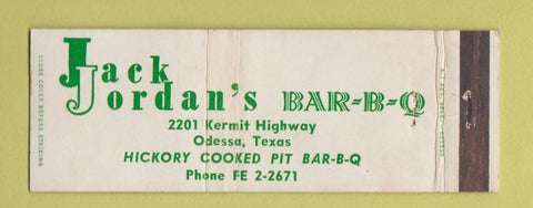 Matchbook Cover - Jack Jordan's BBQ Odessa TX Full Length