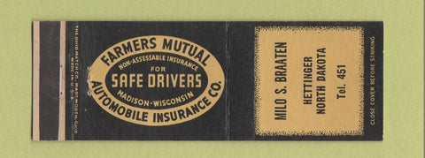 Matchbook Cover - Milo Braaten Insurance Hettinger ND low phone #