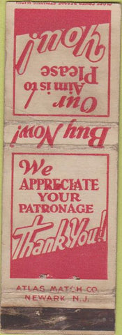 Matchbook Cover - Thank You Atlas Match Co Newark NJ CREASE