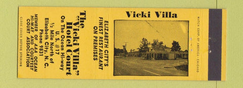 Matchbook Cover - Vicki Villa Hotel Court Elizabeth Cdity NC