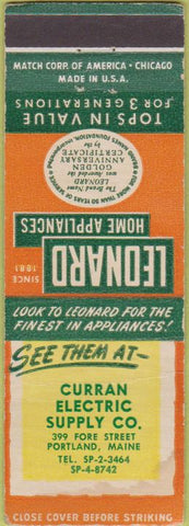 Matchbook Cover - Leonard Home Appliances Portland ME CREASE