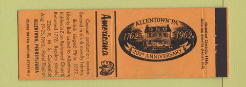 Matchbook Cover - Allentown PA 200th 1962 Perkins Americana ORANGE