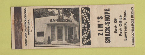 Matchbook Cover - Zim's Snack Shope Lawrence KS WORN