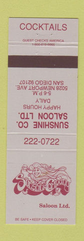 Matchbook Cover - Sunshine Saloon San Diego CA