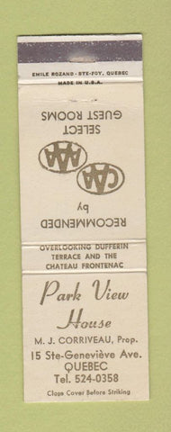 Matchbook Cover - Park View House Quebec QC