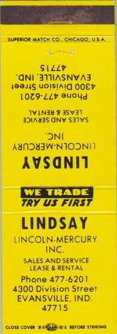 Matchbook Cover - Lindsay Lincoln Mercury Evansville IN