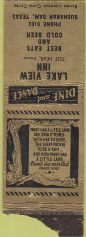 Matchbook Cover - Lake View Inn Buchanan Dam TX BOBTAIL