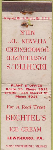 Matchbook Cover - Bechtel's Milk Ice Cream Lewisburg PA WORN