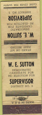 Matchbook Cover - WE Sutton Supervisor NO TOWN