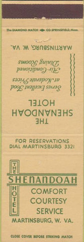 Matchbook Cover - The Shenandoah Hotel Martinsburg WV