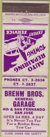 Matchbook Cover - Brehm Bros Garage San Jose CA WEAR