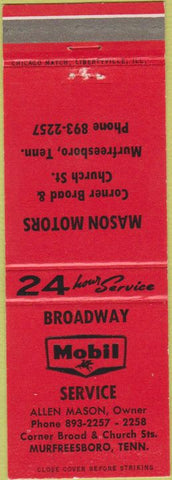 Matchbook Cover - Mobil Oil Gas Murfreesboro TN
