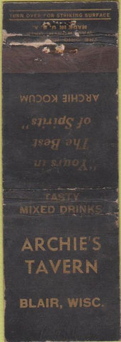 Matchbook Cover - Archie's Tavern Blair WI WORN