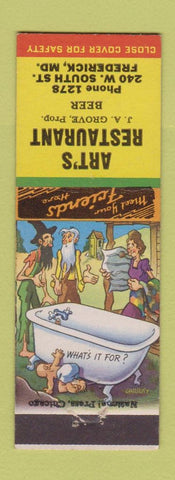 Matchbook Cover - Art's Restaurant Frederick MD hillbilly low phone #
