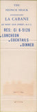 Matchbook Cover - Restaurant La Cabane New York City CREASE