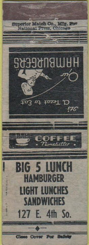 Matchbook Cover - Big 5 Lunch Hamburgers WEAR