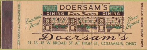 Matchbook Cover - Doersam's Restaurant Columbus OH CREASES