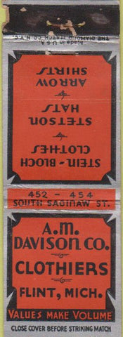 Matchbook Cover - AM Davison Clothes Flint MI WEAR