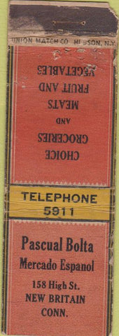Matchbook Cover - Pascual Bolta New Britian CT 30s Worn UNION