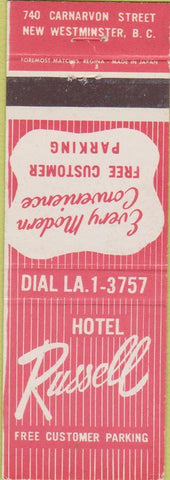 Matchbook Cover - Hotel Russell New Westminster BC