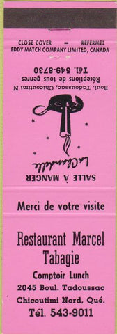 Matchbook Cover - Restaurant Marcel Tgabagie Chicoutimi Nord QC