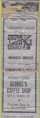 Matchbook Cover - George's Coffee Shop Royal Oak Safety First POOR