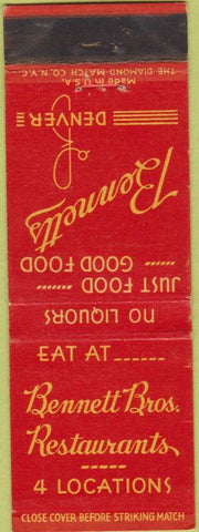 Matchbook Cover - Bennett Bros Restaurants Denver CO