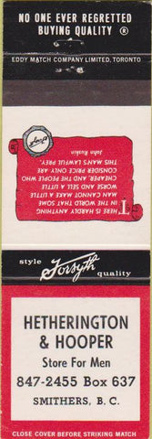 Matchbook Cover - Hetherington Hooper Mens clothes Smithers BC