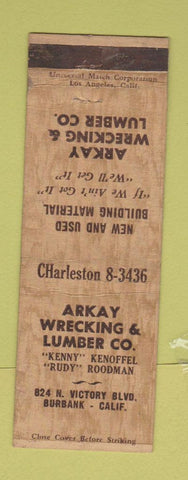 Matchbook Cover - Arkay Wrecking Lumber Burbank CA WEAR