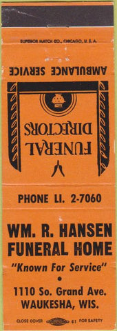 Matchbook Cover - WM Hansen Funeral Home Waukesha WI