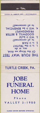 Matchbook Cover - Jobe Funeral Home Turtle Creek PA