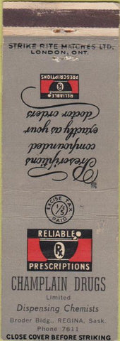 Matchbook Cover - Champlain Drugs Regina SK