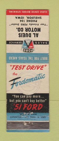 Matchbook Cover - 1951 Ford Al Dueis Sheldon IA low phone # WORN