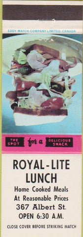 Matchbook Cover - Royal Lite Lunch Canada NO TOWN