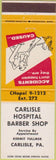 Matchbook Cover - Carlisle Hospital Barber Shop Carlisle PA